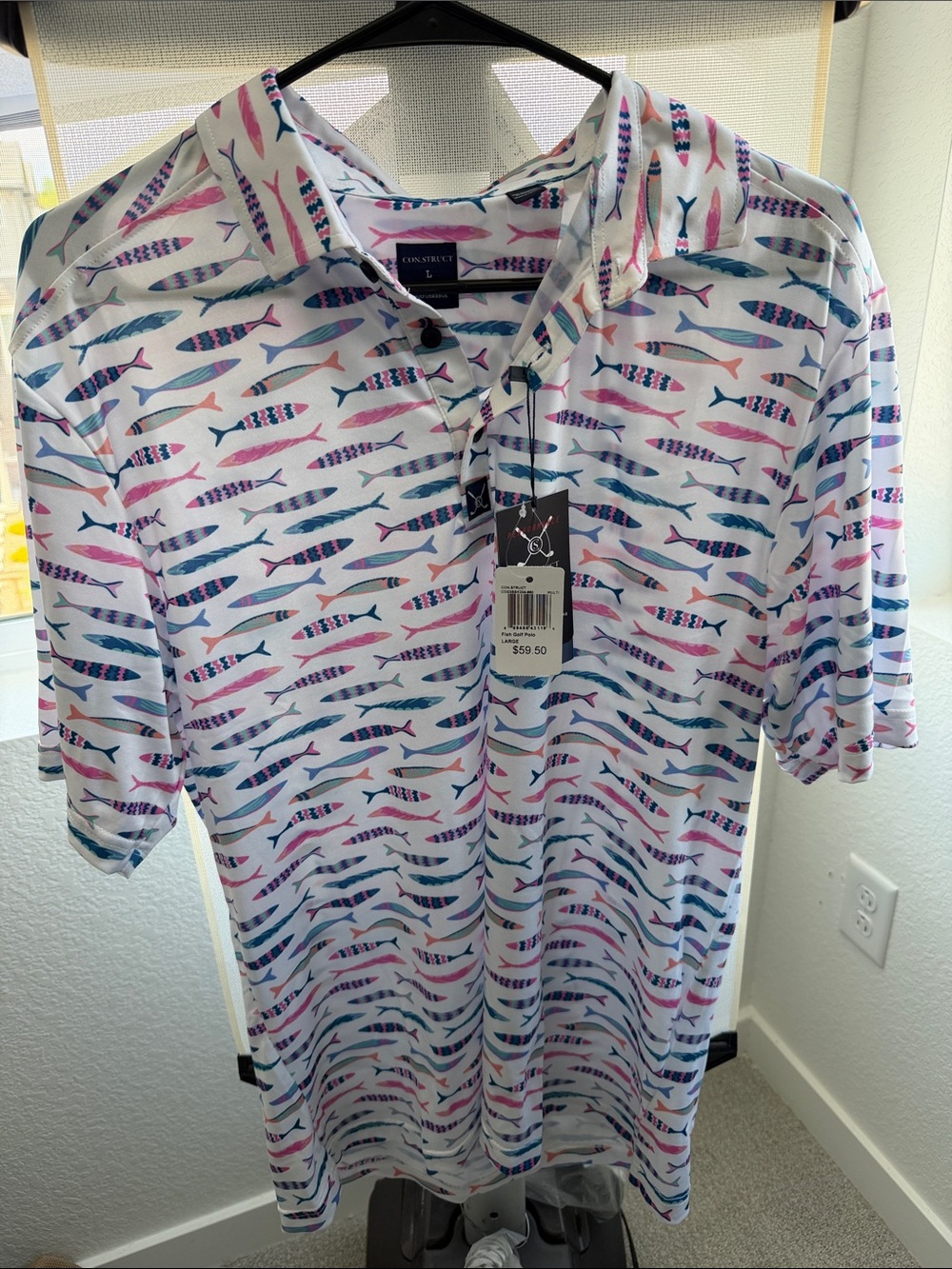 Performance Construct Men’s White Polo with Blue and Pink Fish Print